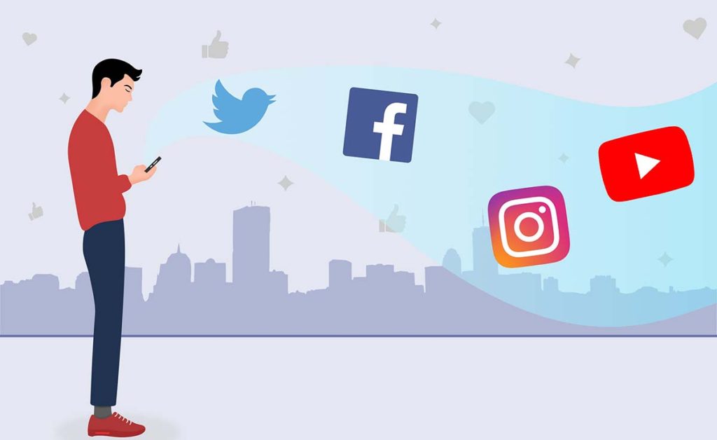 Illustration of man looking at smartphone with social media icons floating in air